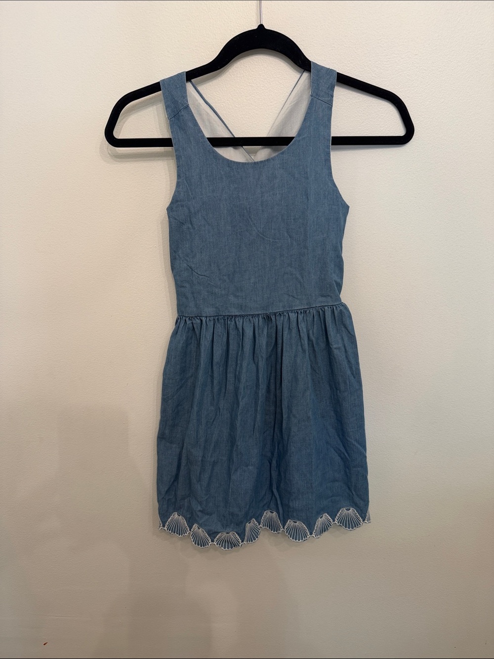 Girls Blue Chambray Sundress with Shell Hem